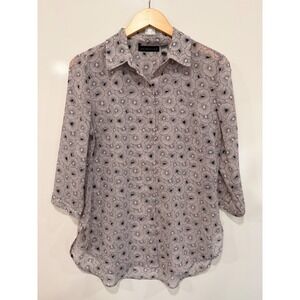 Attention Women Pink Navy Floral Sunburst Sheer 3/4 Sleeve Button Down Blouse M
